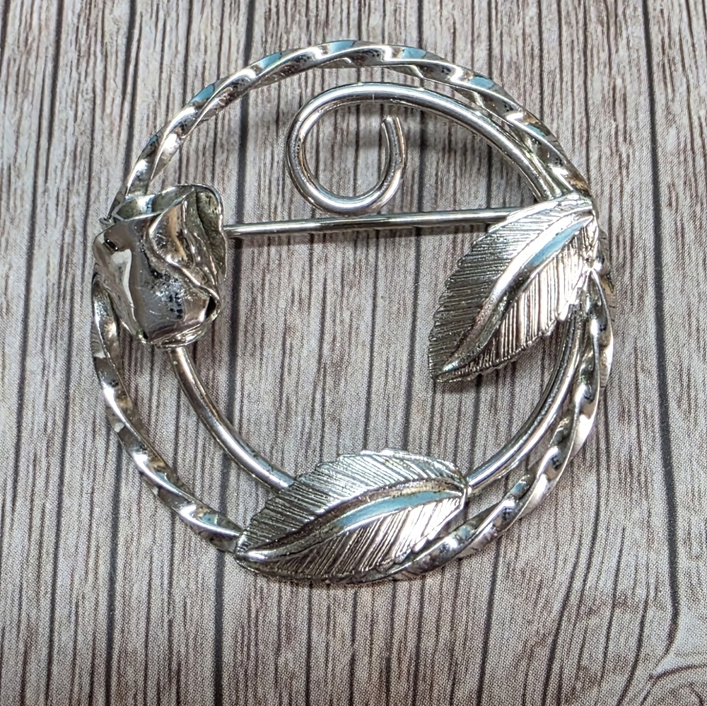 Vintage CELART Sterling Silver Leaf Circle Brooch Mid Century Modern
